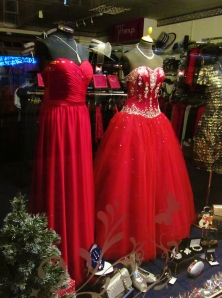 Two red dresses in a shop in West Street, Fareham...