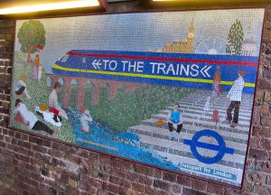'To the Trains' another mosaic, in an underpass leading to Waterloo station...